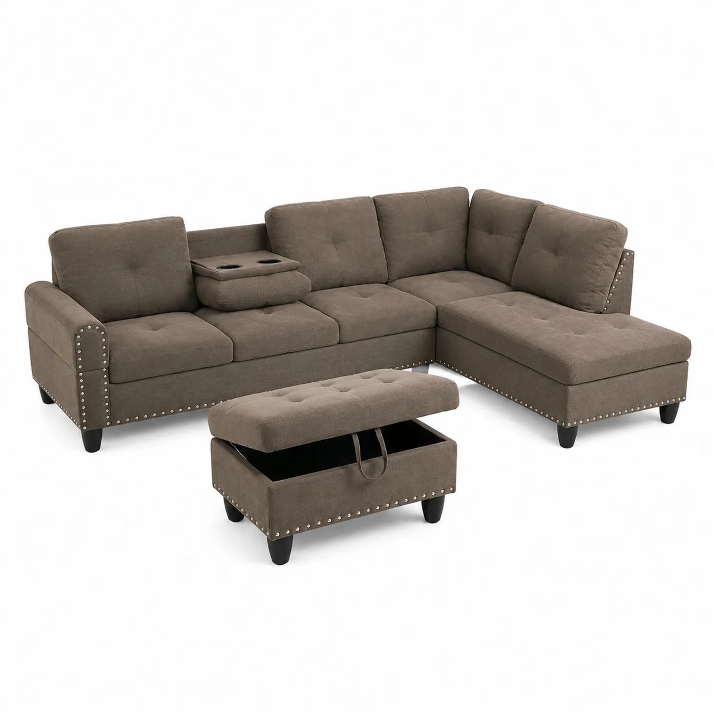 Canapé d'angle en tissu avec ottoman et rangement