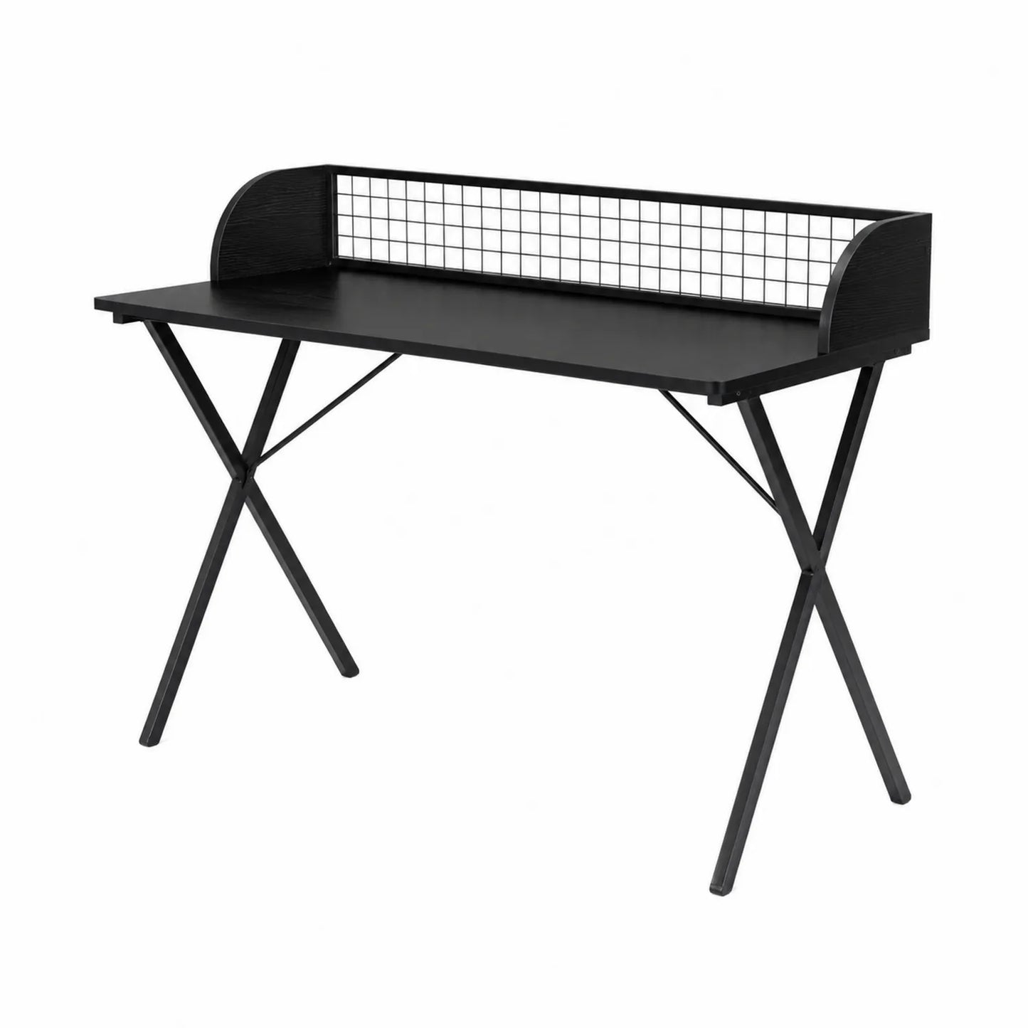 Bureau en métal noir avec étagère grillagée