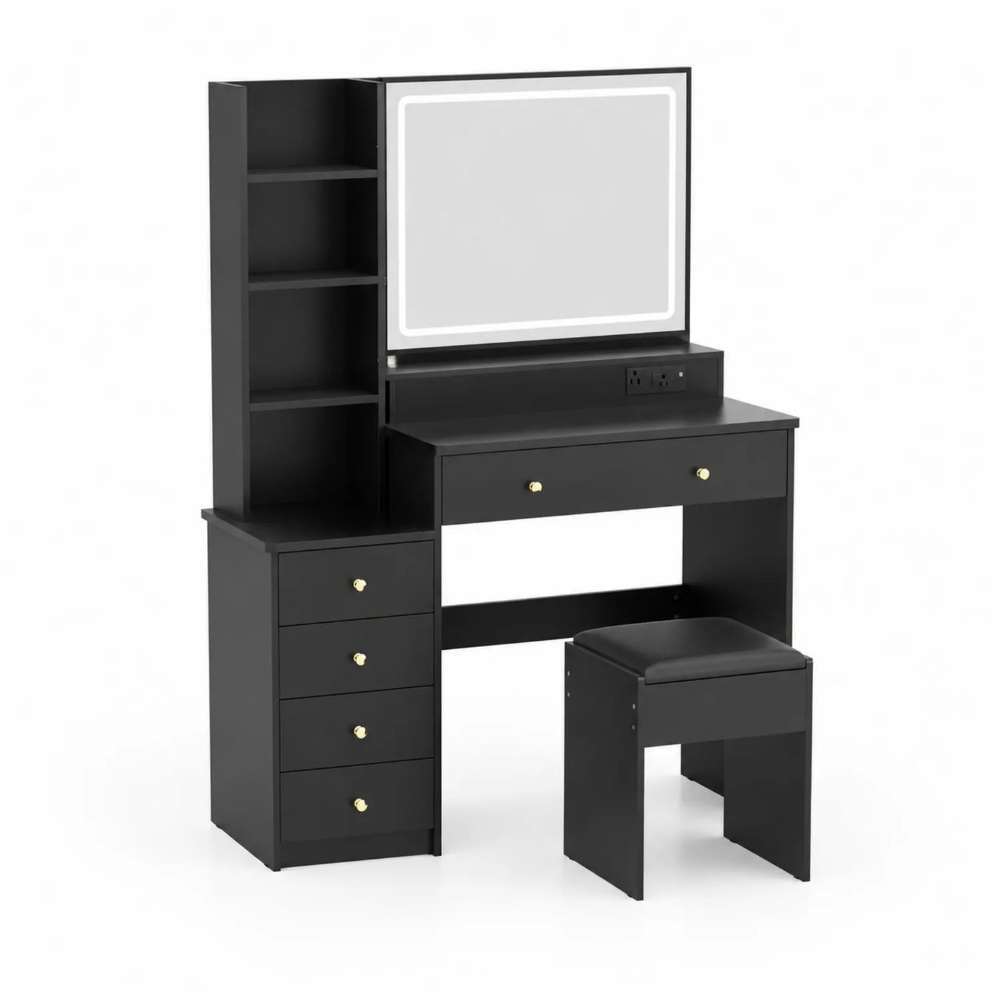 Coiffeuse en Bois Noir avec Miroir LED et Tabouret