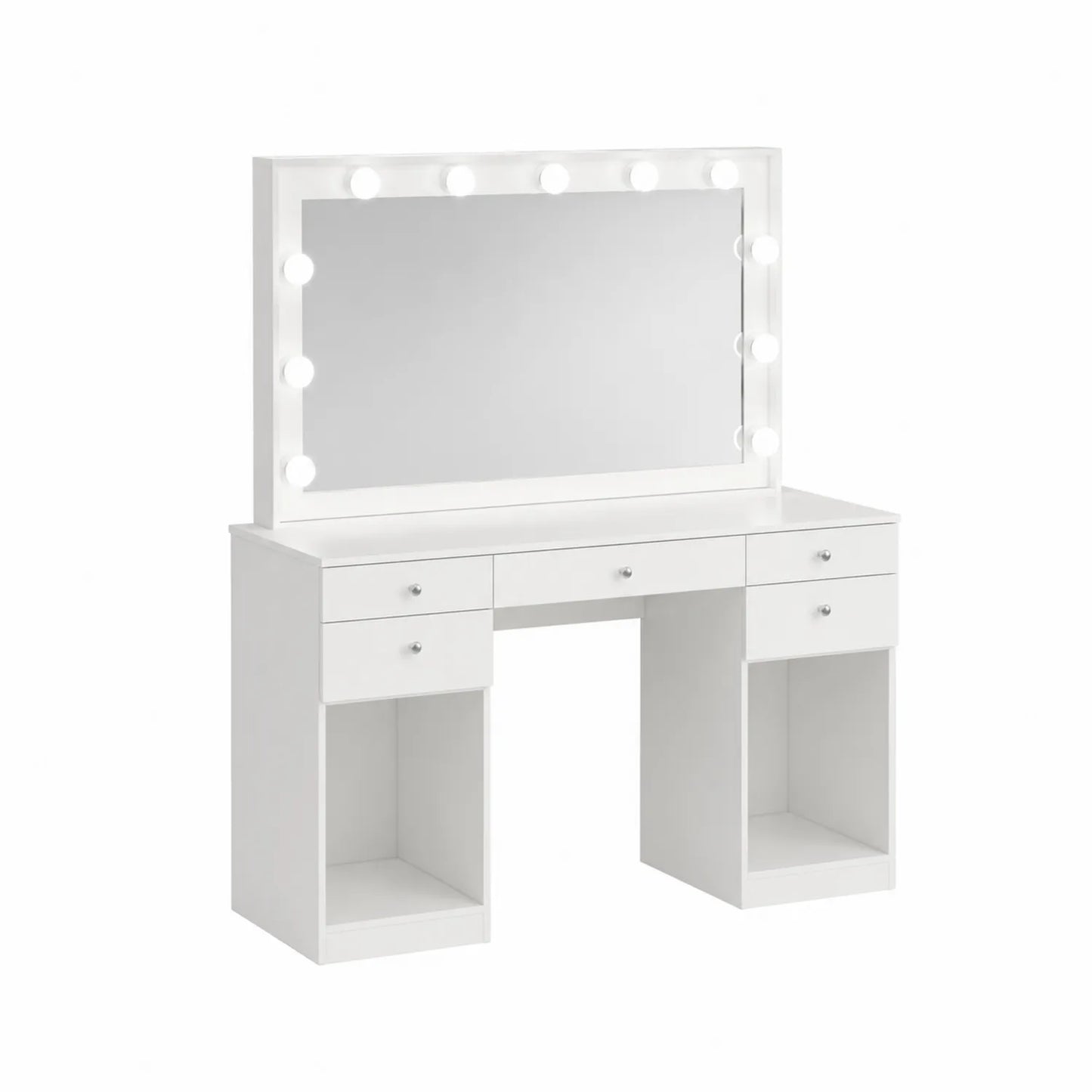Coiffeuse en bois MDF avec miroir LED rectangulaire Blanc