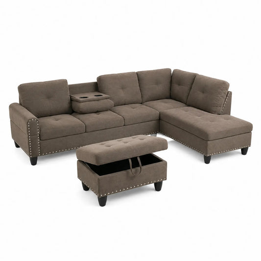 Canapé d'angle en tissu avec ottoman et rangement