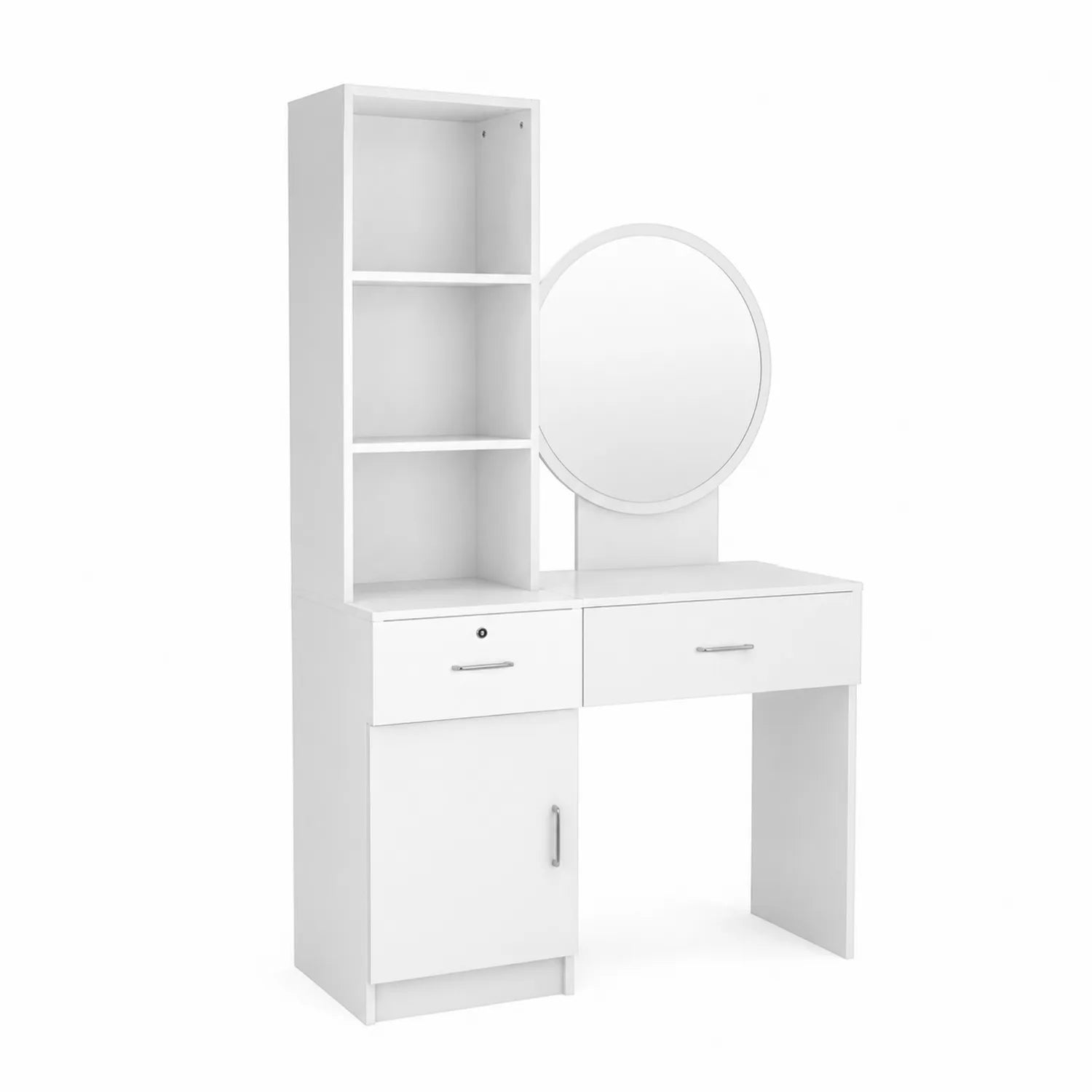Coiffeuse avec miroir rond et rangement en bois d'ingénierie Blanc