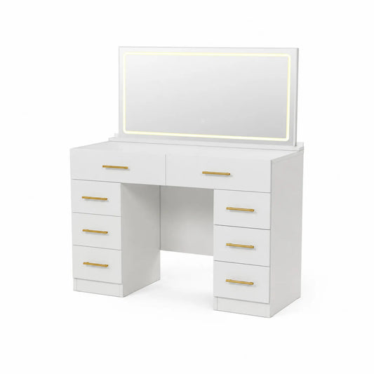 Coiffeuse à LED en Bois Blanc avec Miroir et 7 Tiroirs