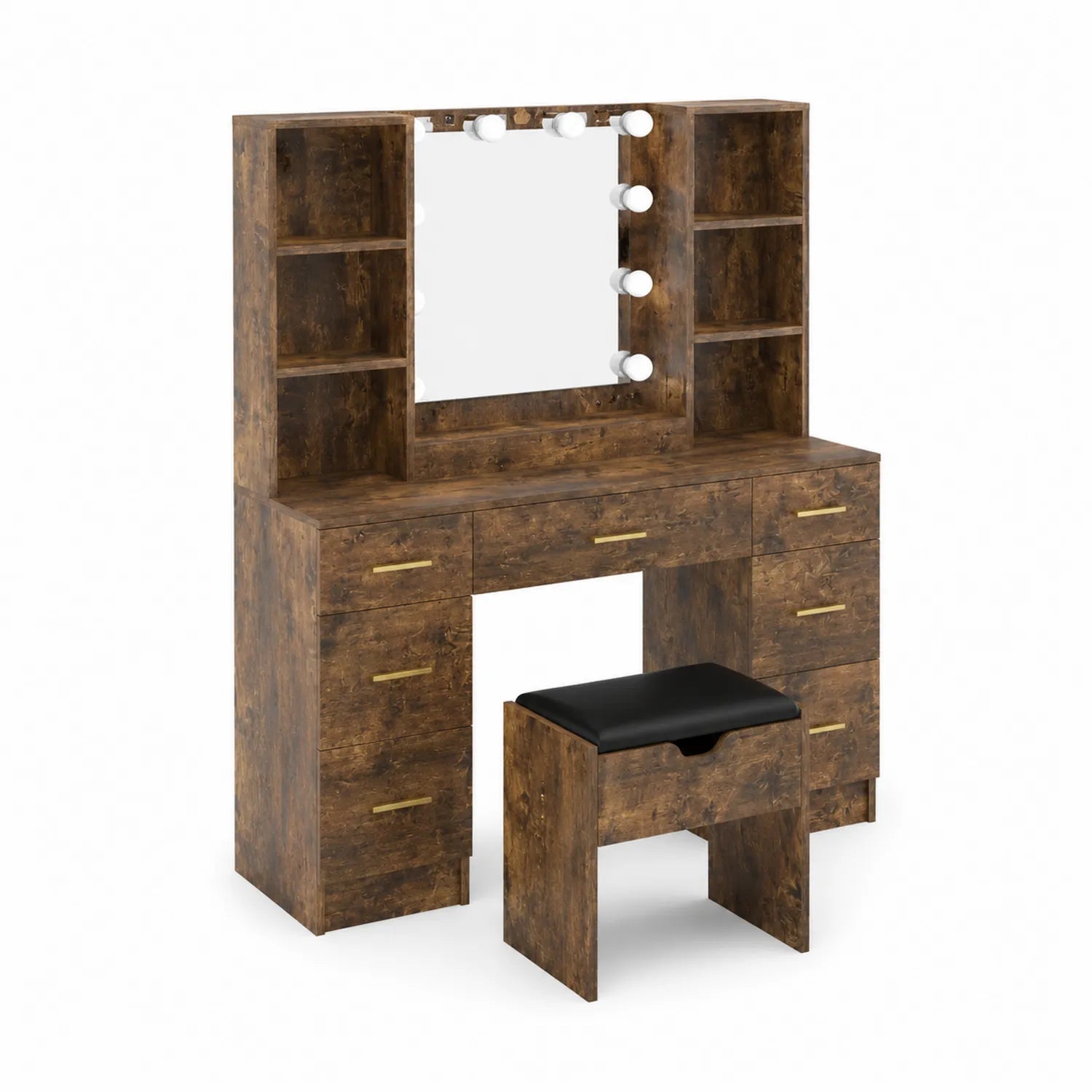 Coiffeuse en Bois avec Miroir LED et Tabouret Noir