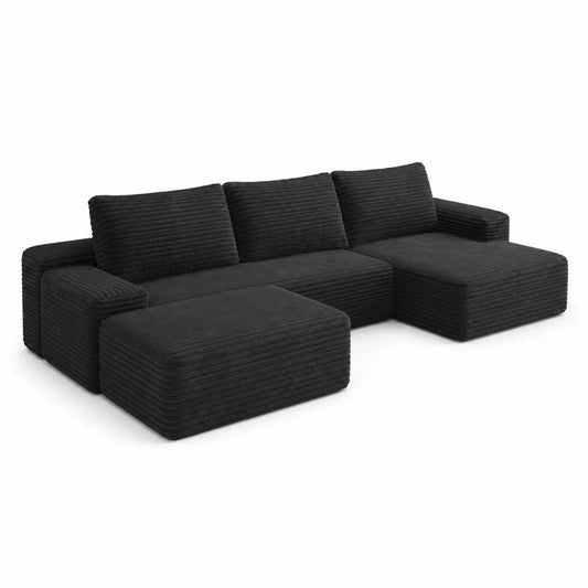 Canapé d'angle en tissu côtelé noir 4 places avec pouf