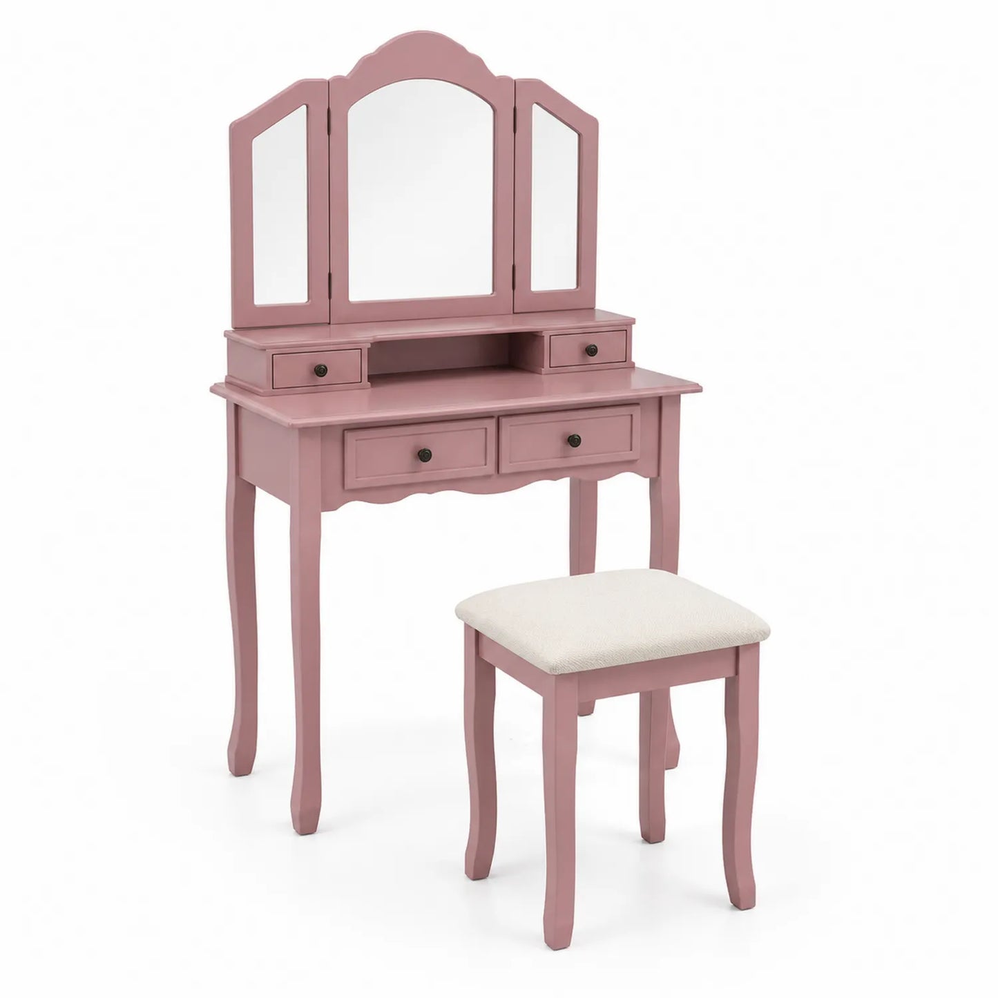 Coiffeuse en Bois avec Miroir et Tabouret Rembourré Rose