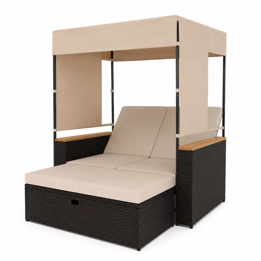 Lit de jour en rotin synthétique avec auvent beige